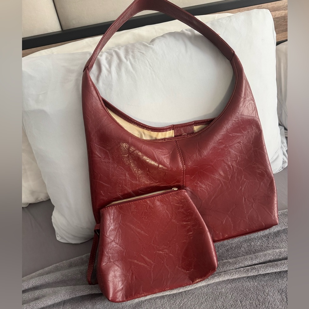 Burgundy distressed leather shoulder bag and pouch